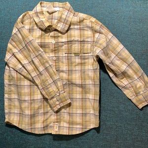 Janie & Jack 4T long sleeve, button down, white, olive & blue plaid shirt